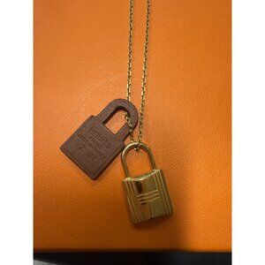 Hermès Lock Pendant Necklace In Gold & Brown Leather
